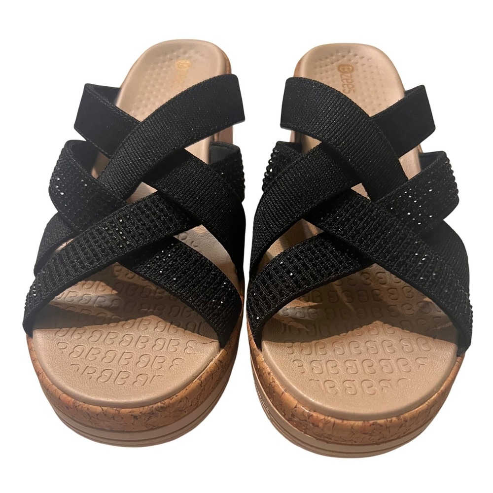 Bzees Women's Black Wedge Sandals‎ Criss Cross Embellished Slip On Comfort